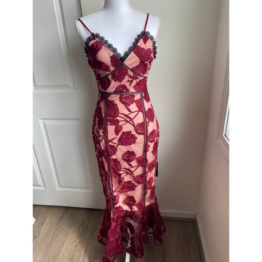 Lulus Burgundy Floral Lace Midi Dress XS Sheer Mesh Bodycon Slip Dress
